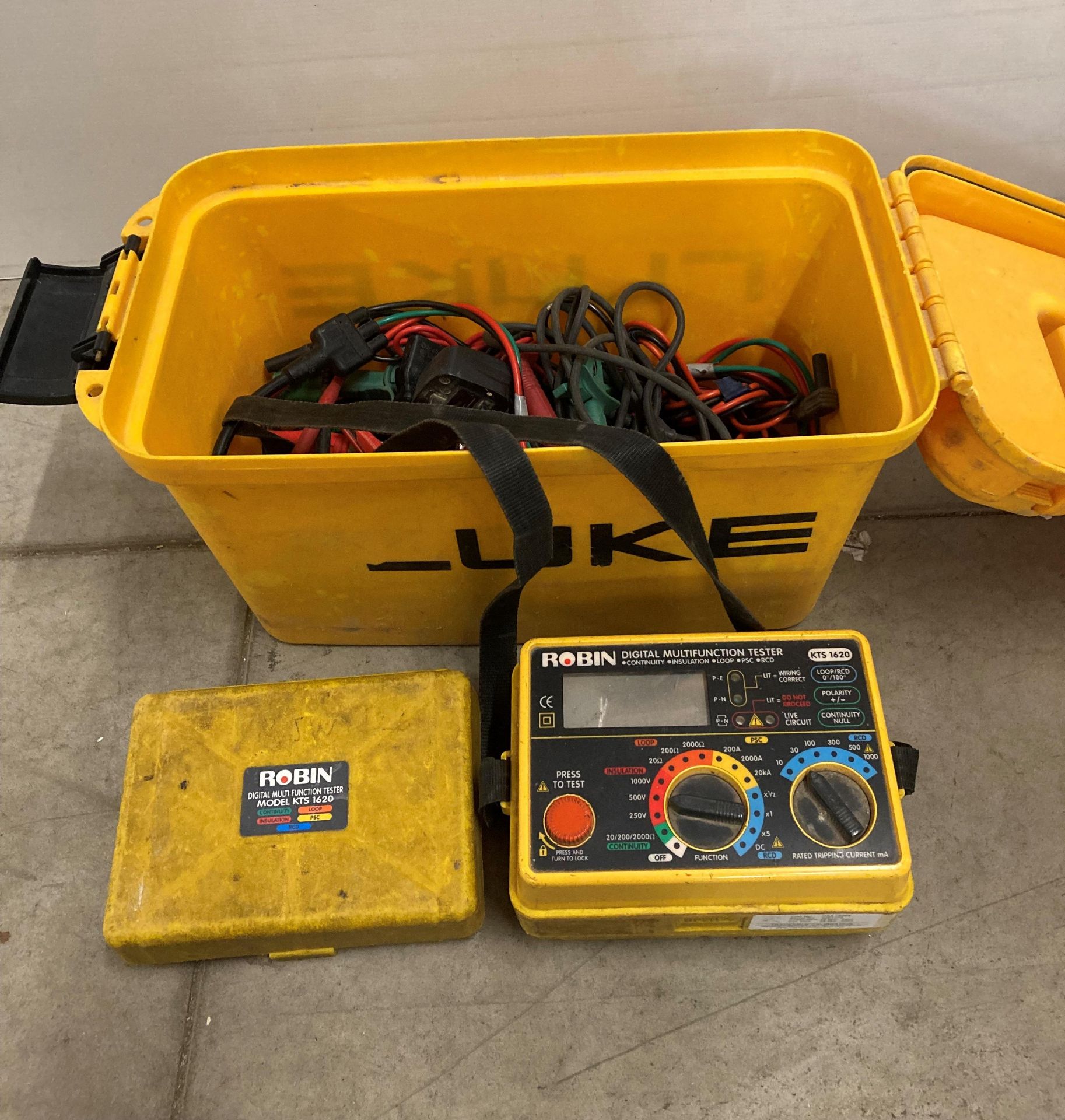 Robin digital multi-function tester (no test) and various meters, probes,