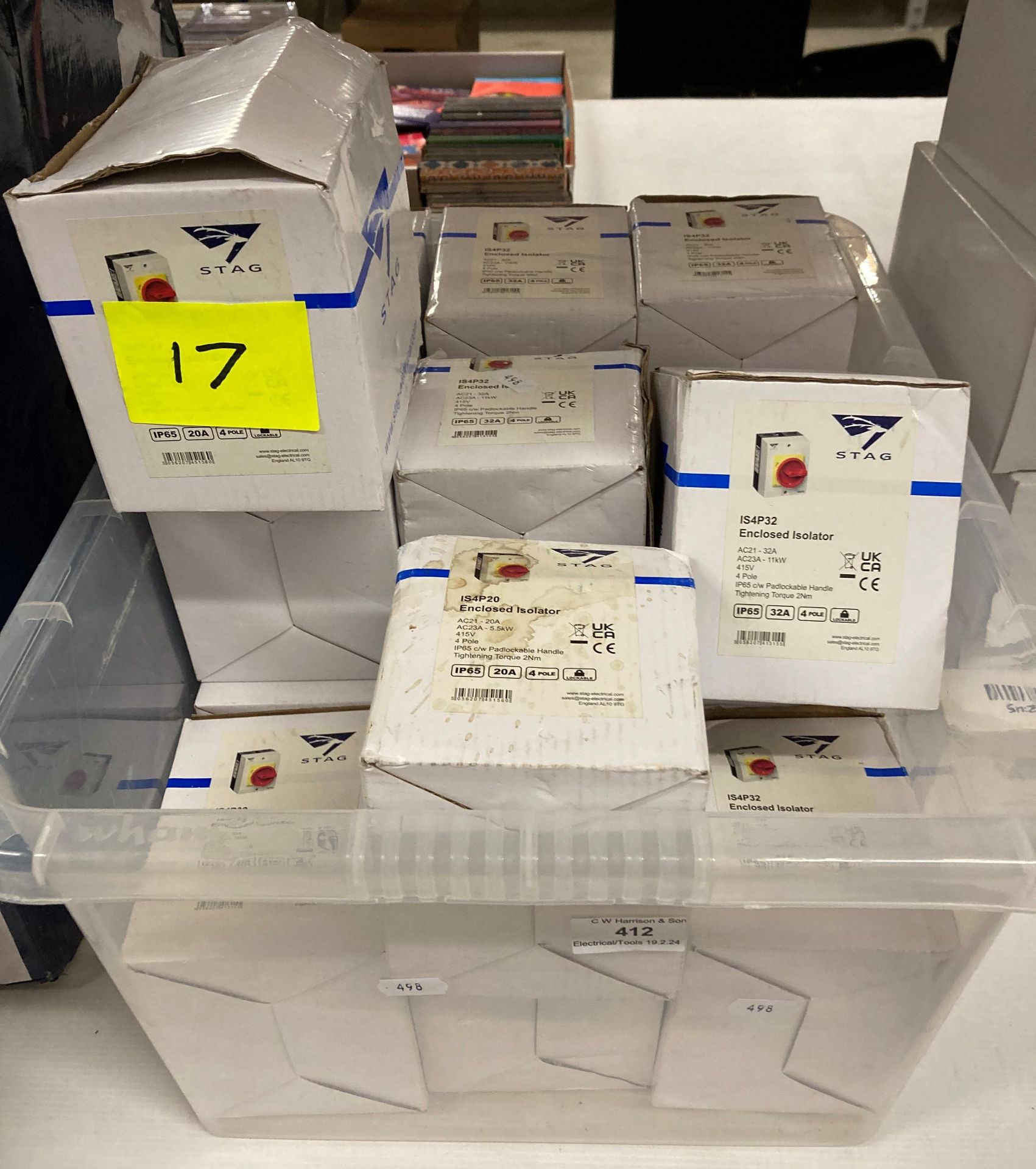 Contents to plastic box - 17 boxed Stag enclosed isolators ref: 154P32 and 154P20 (saleroom