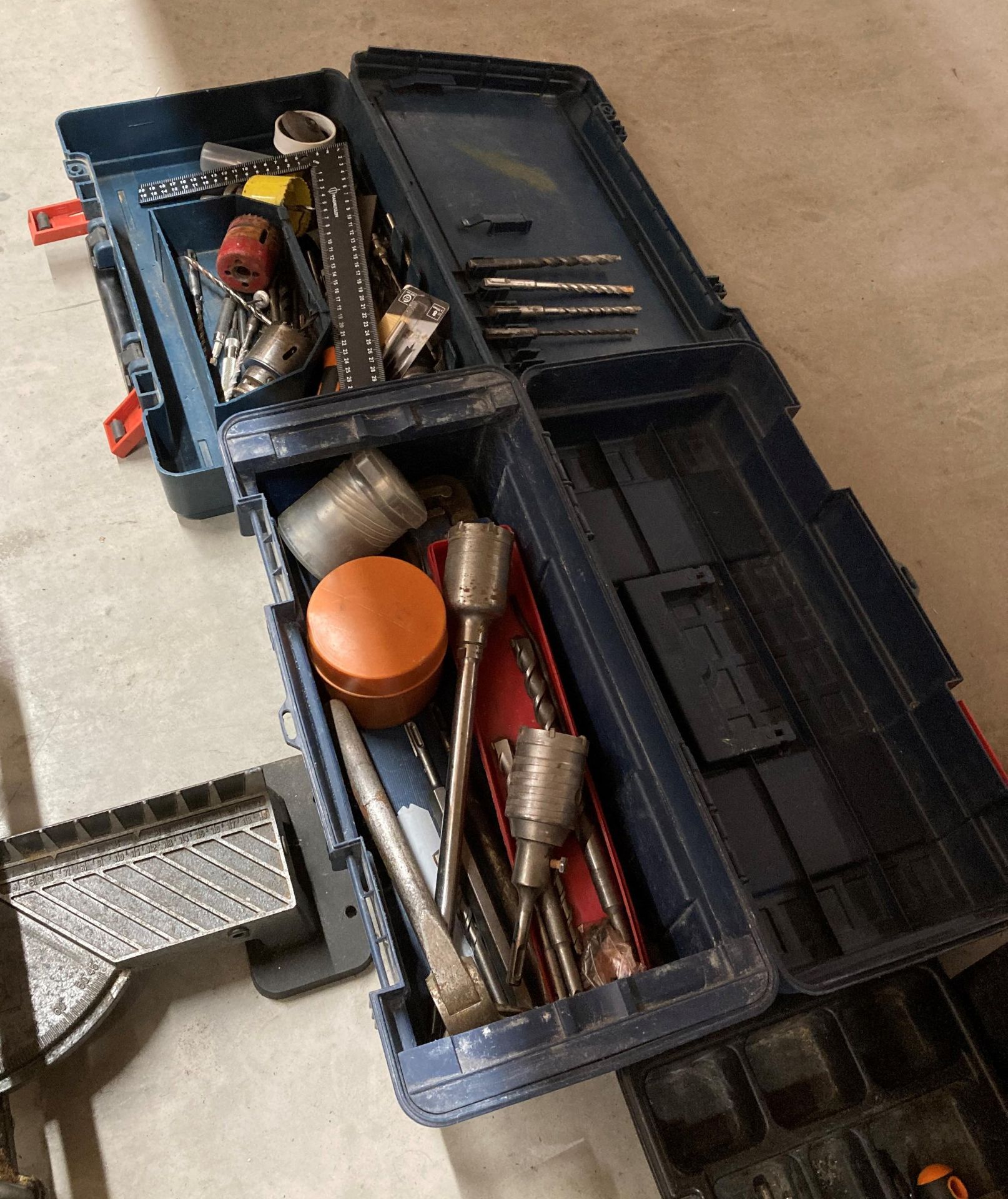 Camera case, mitre saw, 3 x tool boxes and contents - holesaws, drill bits, hand tool, - Image 4 of 4