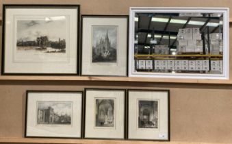 Five various sized framed prints of scenes of Peterborough and Cambridge and church interiors,