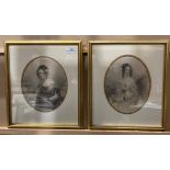 Two framed prints of Regency ladies, in oval mounts,