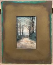 EJB Evans, dated 1912, 'Trentham Hall', gateway lined by trees, oil on cardboard, in mount unframed,