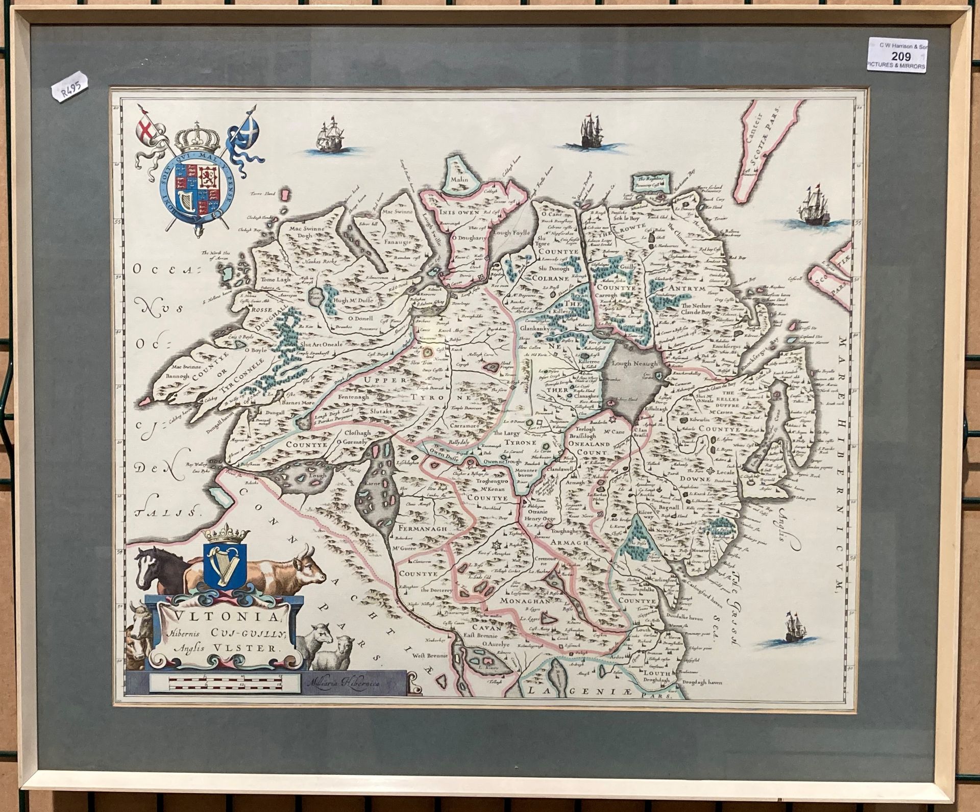 John Blaeu, framed coloured map of 'The North of Ireland from the Atlas Novus 1654',