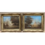 Two small gilt framed oil on canvas, 'Girls in a countryside setting',