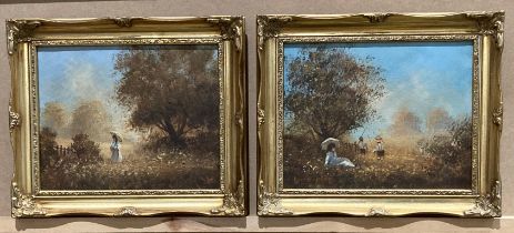 Two small gilt framed oil on canvas, 'Girls in a countryside setting',