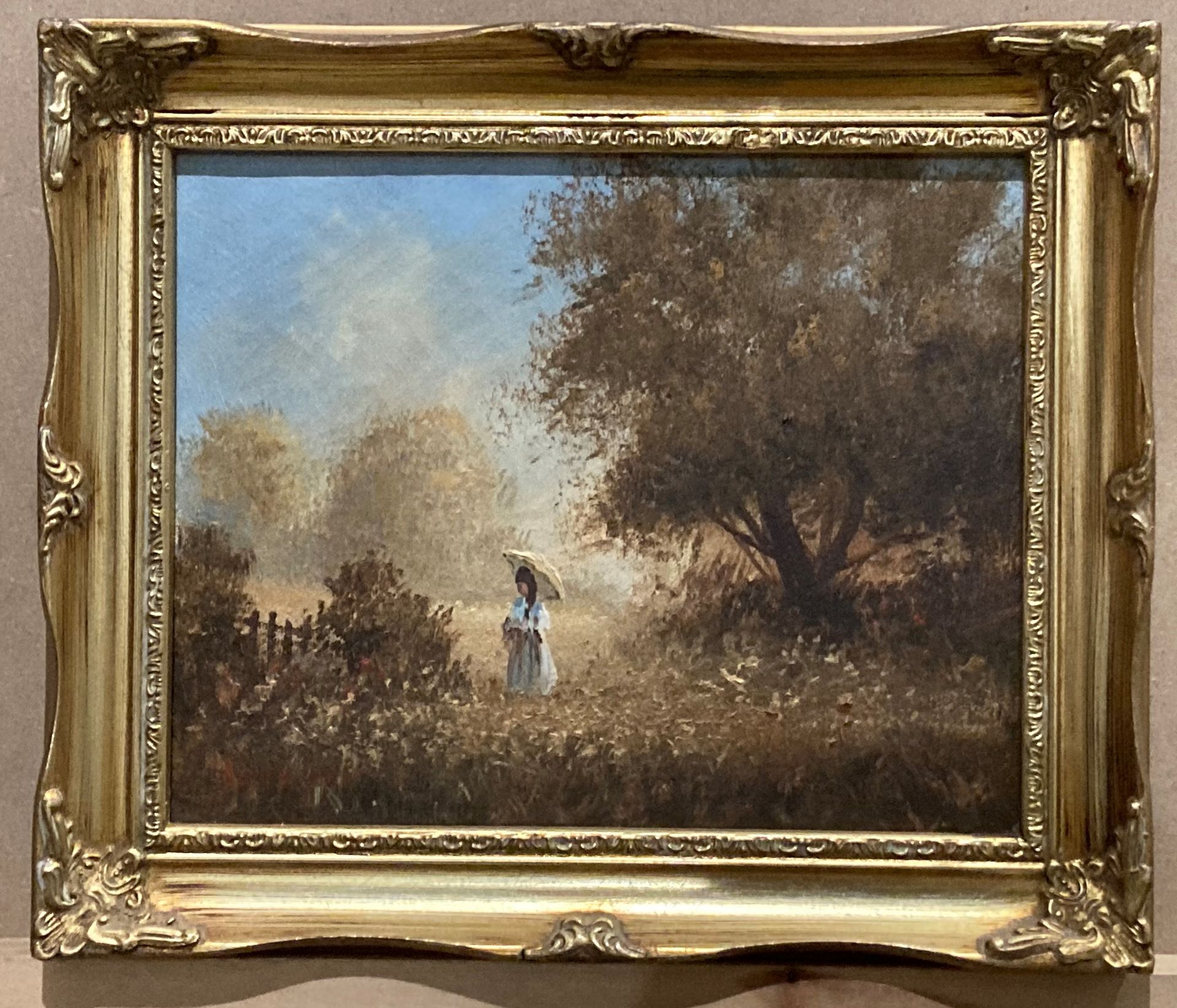 Two small gilt framed oil on canvas, 'Girls in a countryside setting', - Image 3 of 3