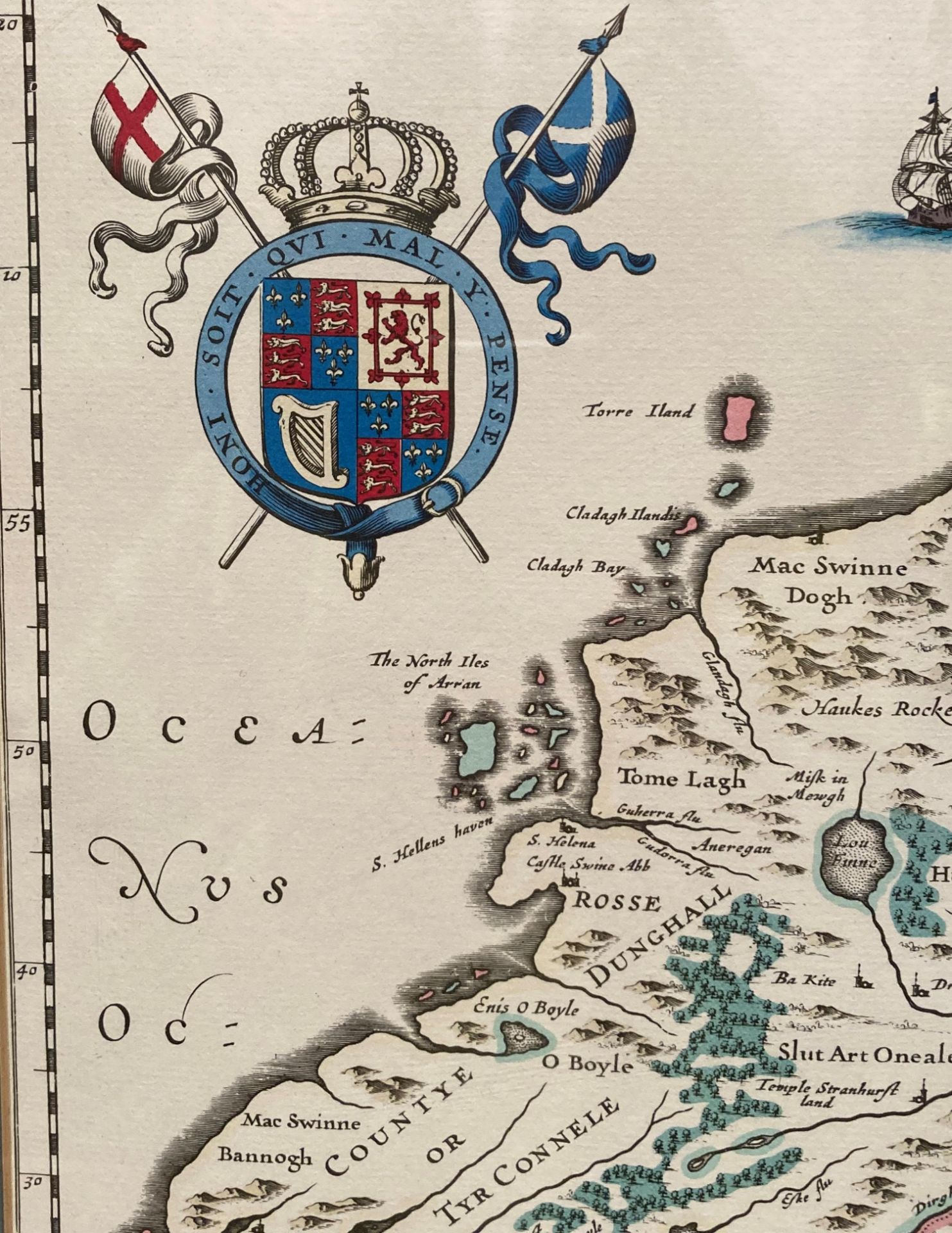 John Blaeu, framed coloured map of 'The North of Ireland from the Atlas Novus 1654', - Image 2 of 3