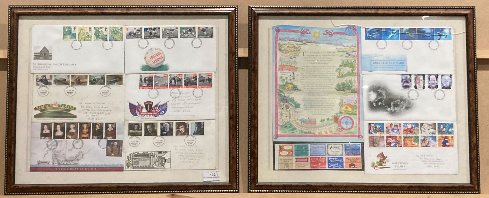 Two framed Royal Mail first day cover Montages - featuring Football Legends, D-Day,