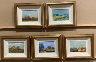 A set of five framed landscapes, oils on board,