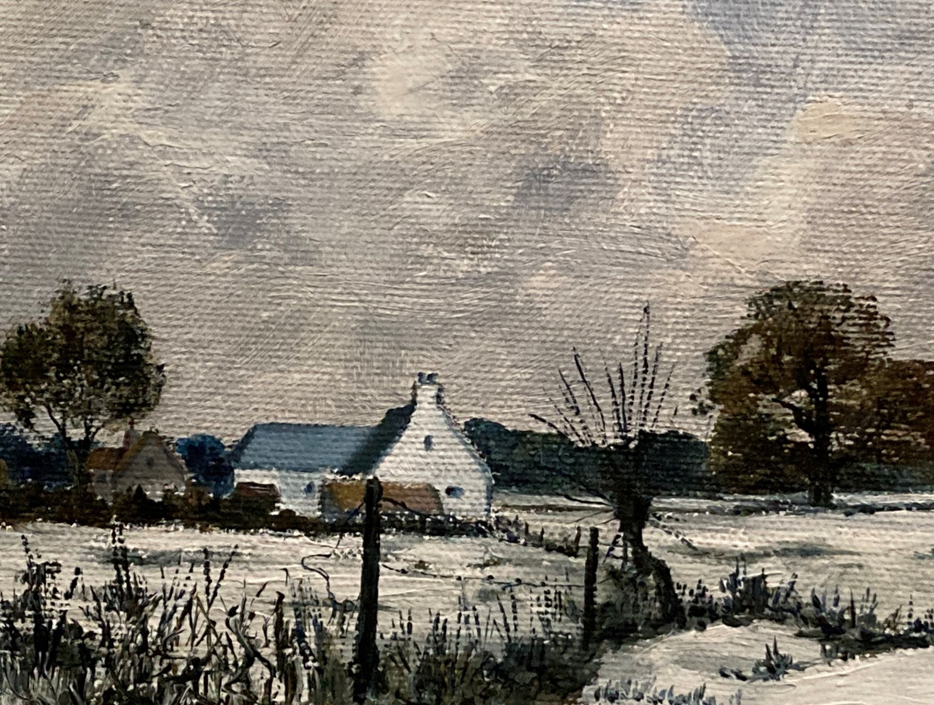 J Hutton (?), 'Cottage in a snowy landscape', oil on board, framed, - Image 4 of 4