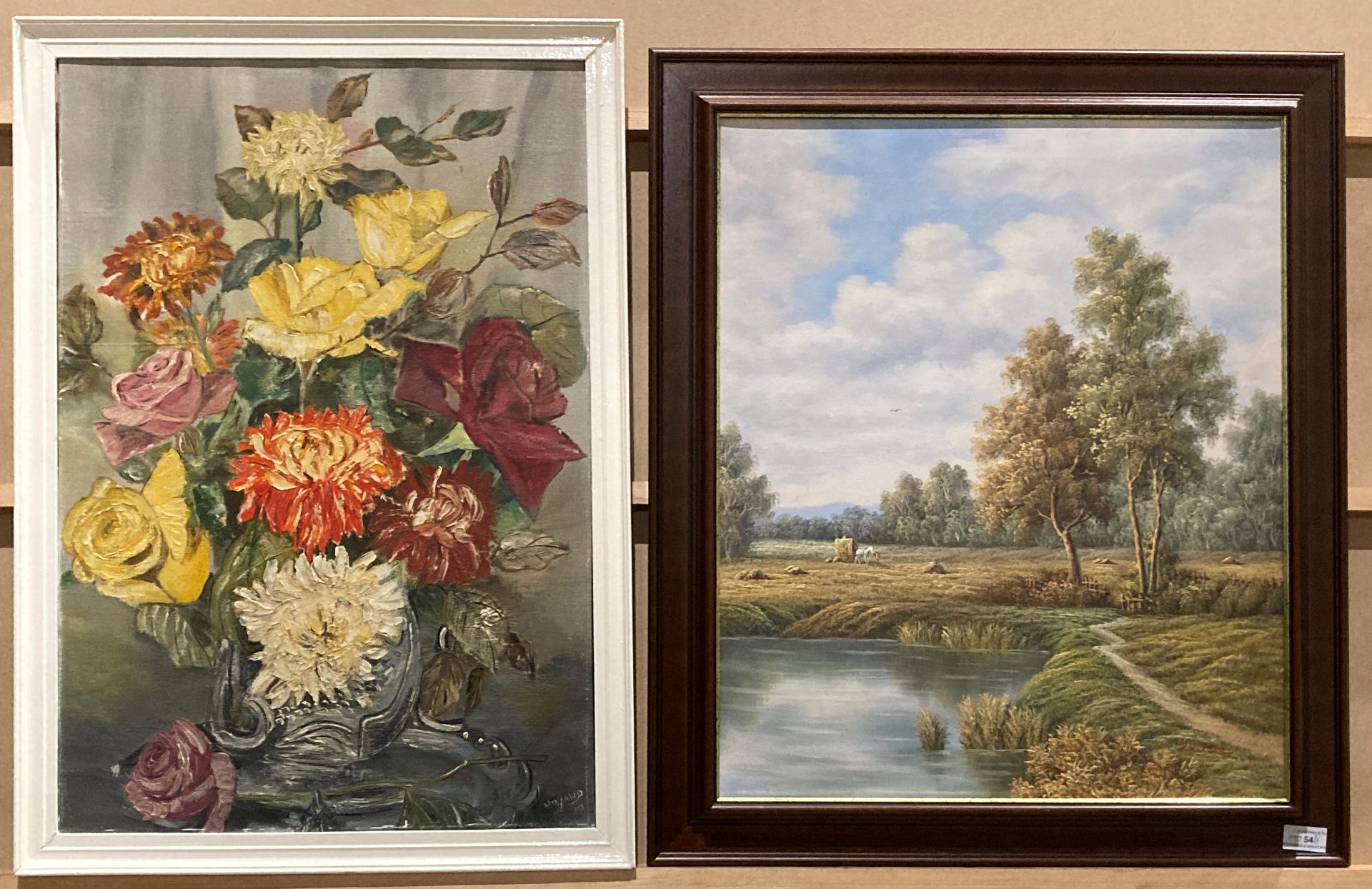 P Wilson, 'Hay Gathering', oil on canvas, framed, 60cm x 50cm and Holland '70, 'Still Life',