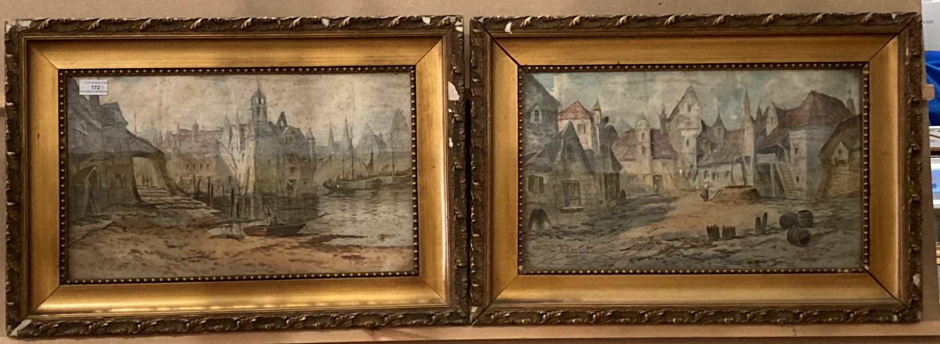 J de Burstville, 'Old Court, Namur' and 'Ghent', a pair of ornate gilt framed watercolours,