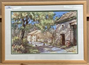 David Newbould, 'Farm track with Buildings', watercolour with pen signature, framed in light wood,