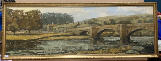 Barry Claughton, 'Burnsall Bridge', oil on board, gilt frame,