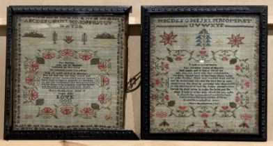 Mary Huddlestone, age 11, year 1821, two framed religious samplers, one frame badly damaged,