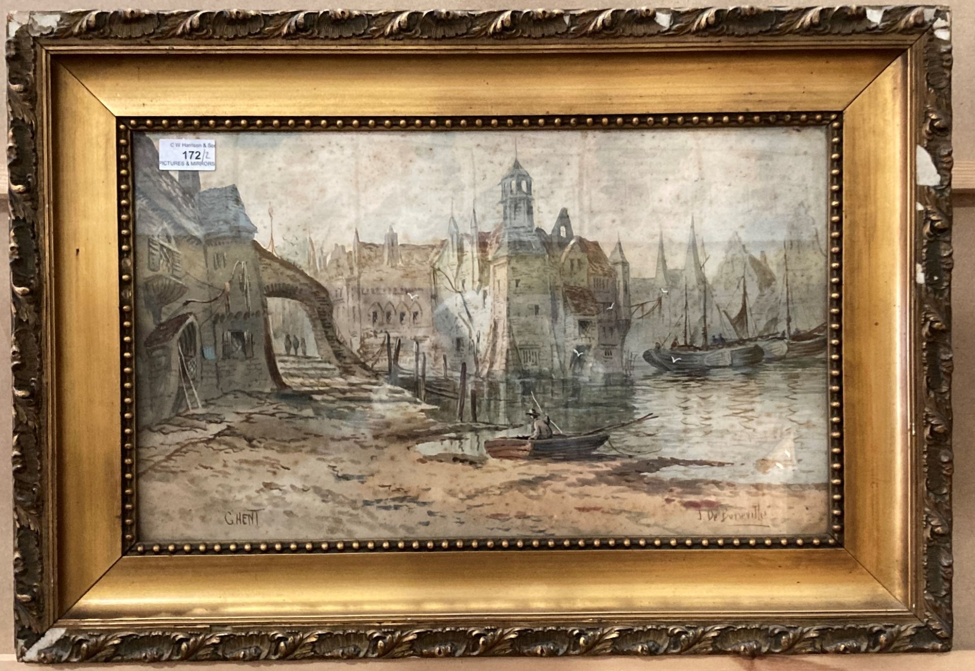 J de Burstville, 'Old Court, Namur' and 'Ghent', a pair of ornate gilt framed watercolours, - Image 2 of 10