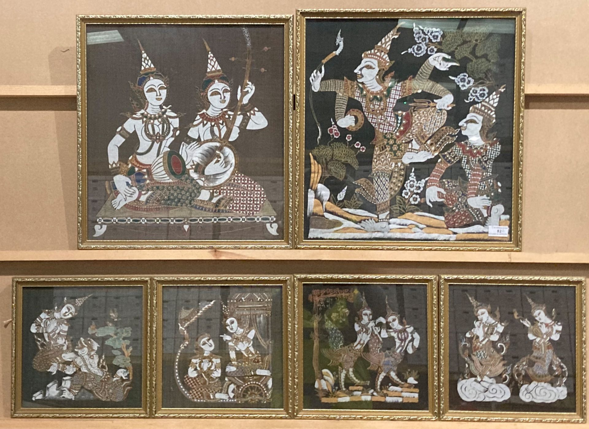 Two silk finish framed oriental prints, each 45cm x 42cm and four matching smaller prints, - Image 8 of 8
