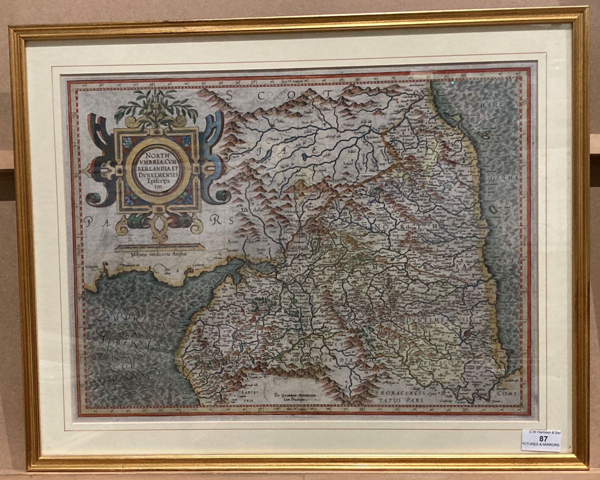 Framed coloured map of Northumberland,