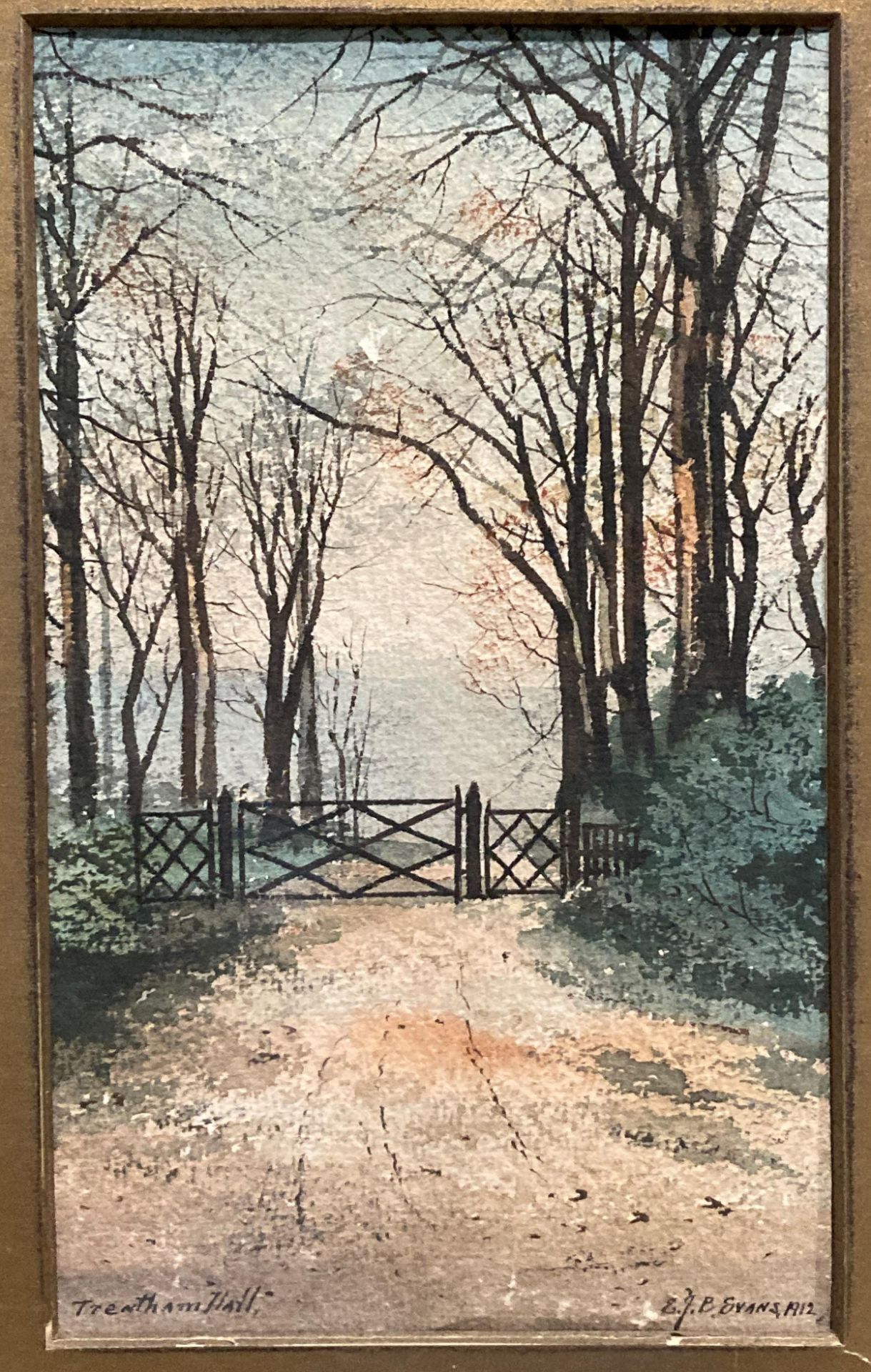 EJB Evans, dated 1912, 'Trentham Hall', gateway lined by trees, oil on cardboard, in mount unframed, - Image 2 of 6