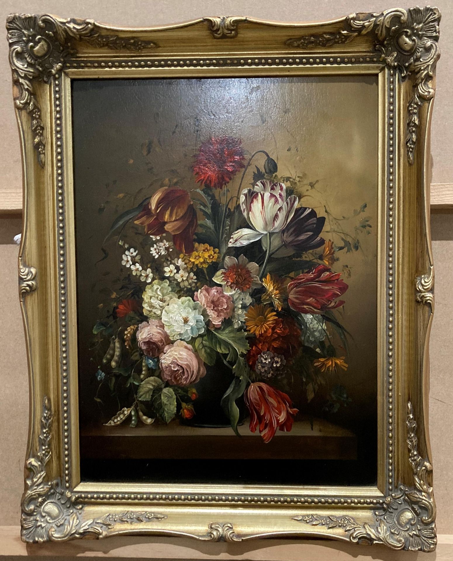 B Palm, 'Still Life - Flowers', oil on board, ornate gilt frame,