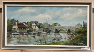 Denys Garle, 'River scene with bridge', oil on board, framed,