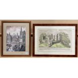 'Sandal Castle in Yorkshire', print, walnut finish frame, 33cm x 46cm, and 'The Springs, Wakefield',