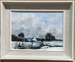 J Hutton (?), 'Cottage in a snowy landscape', oil on board, framed,