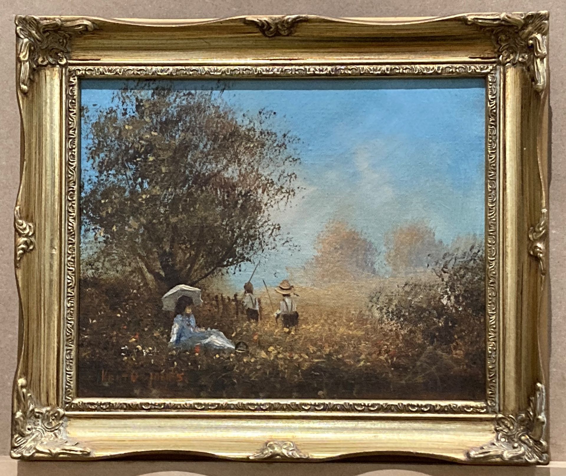 Two small gilt framed oil on canvas, 'Girls in a countryside setting', - Image 2 of 3