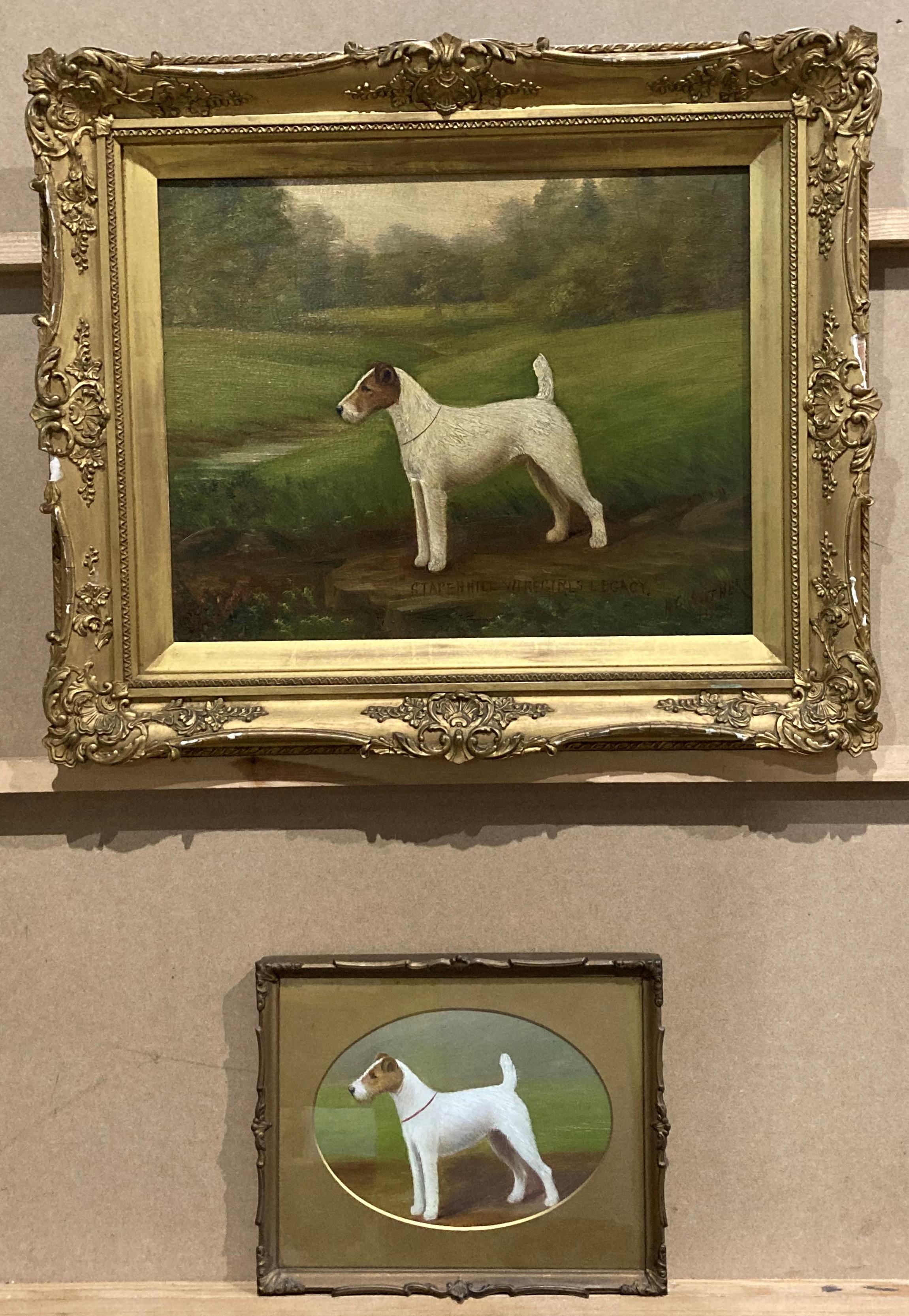 H Crowther 1923, 'Stapenhill Wiregirls Legacy', study of a fox terrier, oil on canvas,