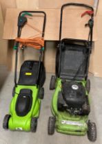 A Performance petrol rotary lawnmower and an unbranded electric lawnmower complete with collection