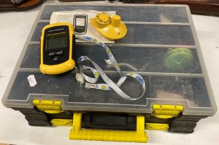 2 Items - hand-held electronic fish finder and a double sided tackle box complete with floats ,