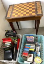 Chess board table 38 x 28 x 42cm high containing set of chess pieces etc,