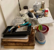 Contents to part of shelf - three wooden chopping boards, sundry pans, kitchen crockery,