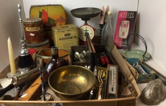 Two plastic boxes containing fifty plus mainly vintage items including tins and kitchenalia,
