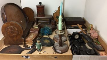 Two boxes containing twenty plus items mainly wood including vintage wooden man with bowler hat