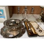 Plated 3-stem candelabra, large plated tray, dish, fish serving knife and fork,
