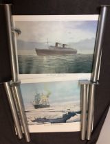 Plastic box containing twelve items - six rolled prints 90 x 63cm of ships including Discovery,