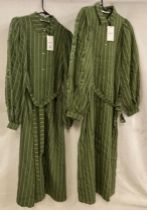 2 x MSCH ladies button-down green and white striped tunic dresses with waist tie,