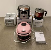 Three rice cookers by Toshiba, Tiger, Joyoung and Bokuk (no tests, plugs cut off for Tiger,