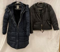 2 x Waterproof jackets - a navy blue fleece-lined jacket by Next (size UK 10) and a black jacket by