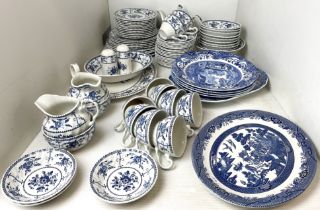 Seventy-six pieces blue and white dinner/tea services including seventy pieces Johnson Brothers
