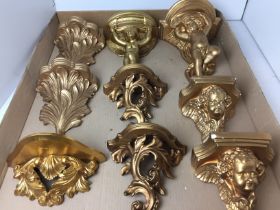 Contents to tray - three pairs and four individual gilded floating console shelves from 11 to 32cm