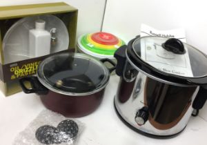 Four items including seven piece food storage containers, oil/vinegar drizzler set,