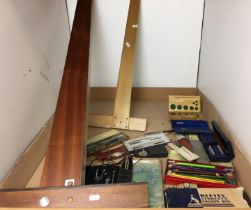 Contents to box - draughtsman, artist and surveyor equipment, pens, pencils,