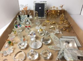 Contents to tray - forty glass, brass and crystal items including perfume spray and bottles,