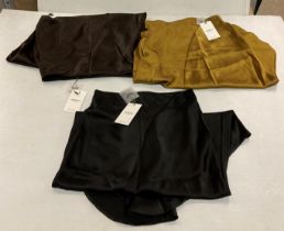 3 x MSCH satin-feel ankle-length skirts in black, brown and mustard yellow,