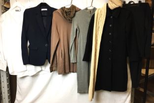 Eight items of mostly pre-worn ladies clothing including Mango blue jacket, black overcoat,