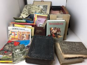 Two cases and box containing Ordnance Survey maps, books, 1800s Bible, Vernaid vintage bandage,