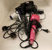 Five items - hairdryers, hair tongs by Babyliss,