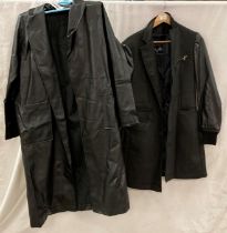 2 x Faux-leather jackets - a long black trench coat style jacket by Sleazy Corner (no size visible)